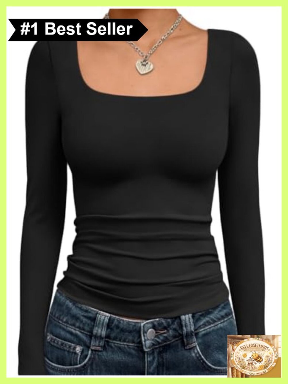 Square Neck Long Sleeve Top Double Lined Slim Fit Fall Layering Tee